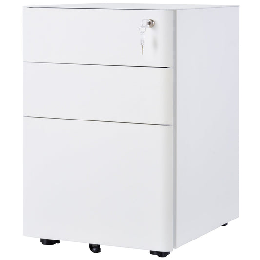Office Chest 3 Steel Drawers with Lock and Wheels, 39x48x59cm, White