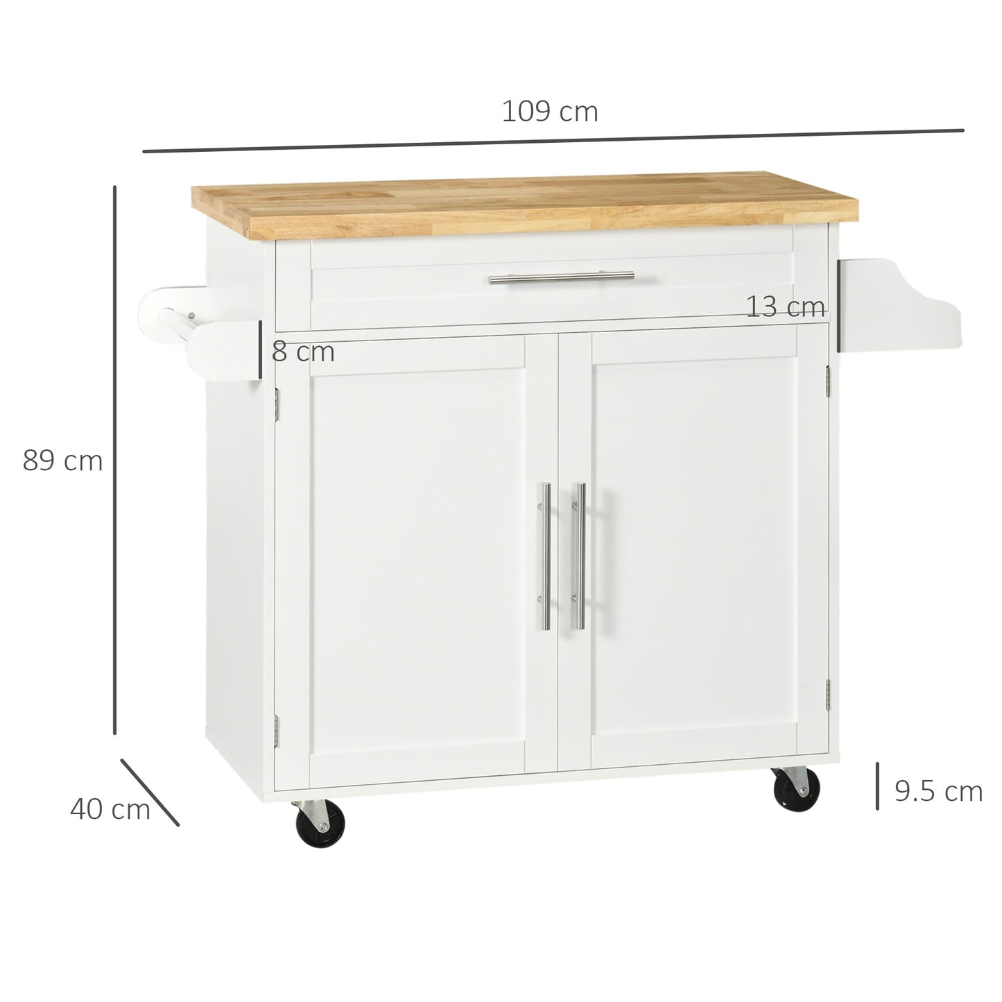 Kitchen Trolley with Drawer, Spice Rack, Cabinet and 4 Wheels, 109x40x89cm, White