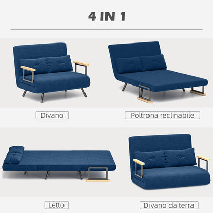 3 in 1 Velvet Fabric Sofa Bed with Adjustable Backrest and 2 Cushions, 102x73x81 cm, Blue