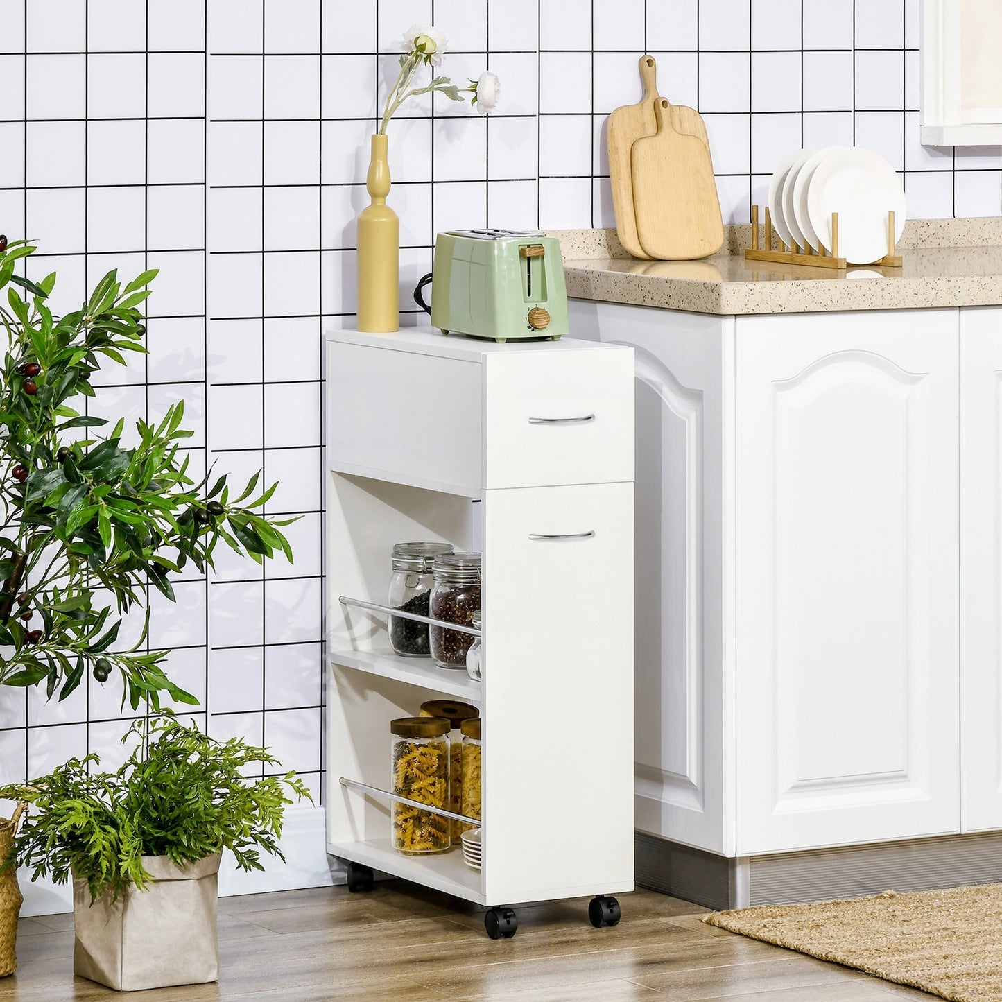 Kitchen Trolley in Chipboard and Stainless Steel with 2 Open Shelves, Pull-Out Drawer and Rails, 25x50x85 cm