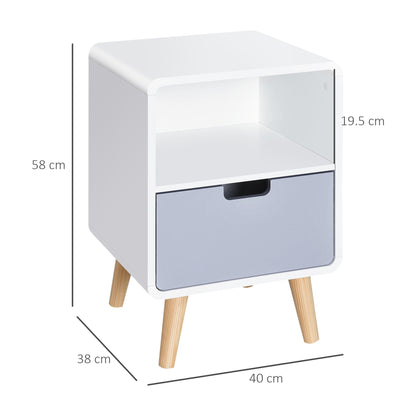 Bedside Table with Drawer in MDF and Pine Wood for Bedroom, Living Room and Bathroom, 40x38x58 cm