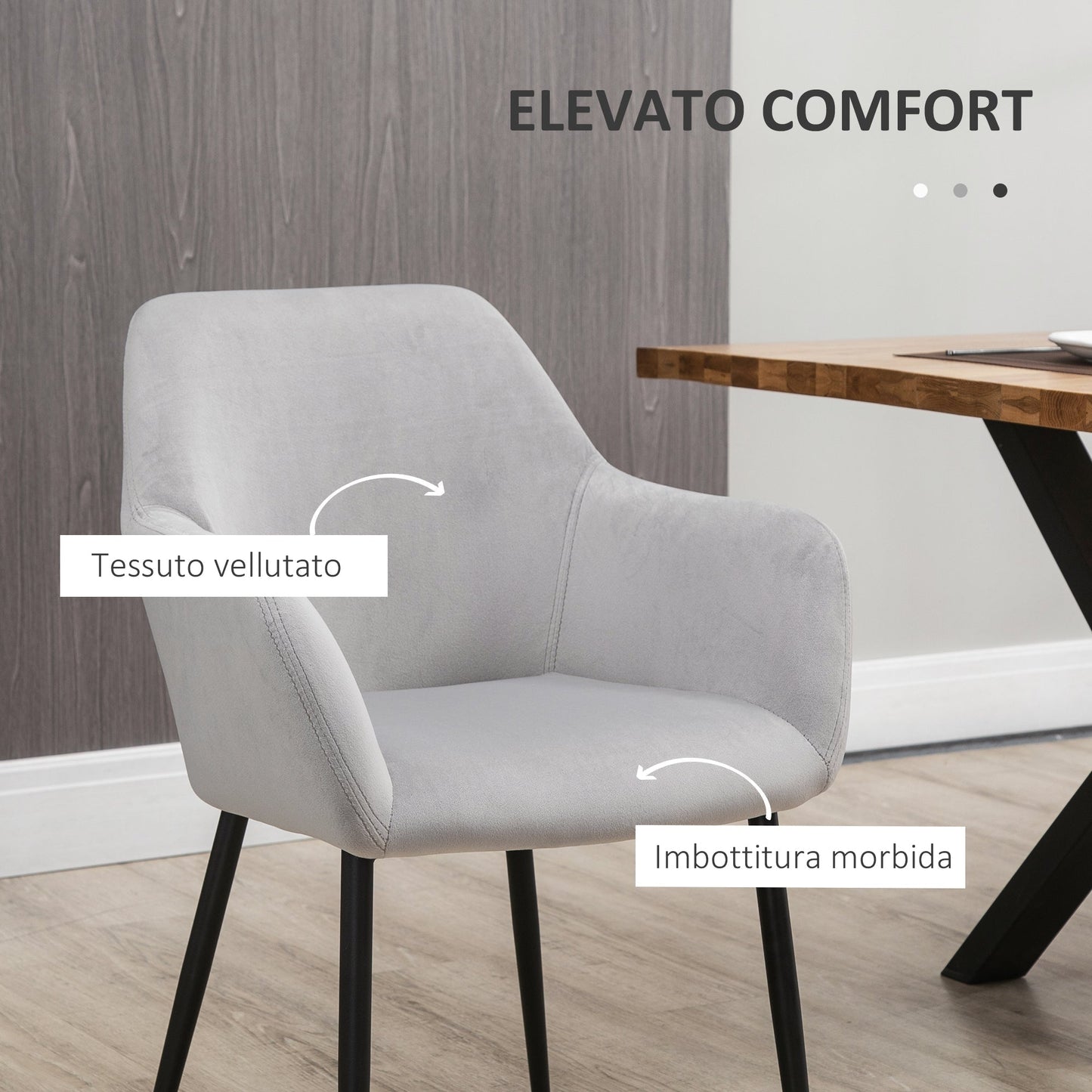 Set of 2 Nordic Living Room Chairs with Curved Backrest and Armrests and Padded Seat, 54x57x80 cm, Grey