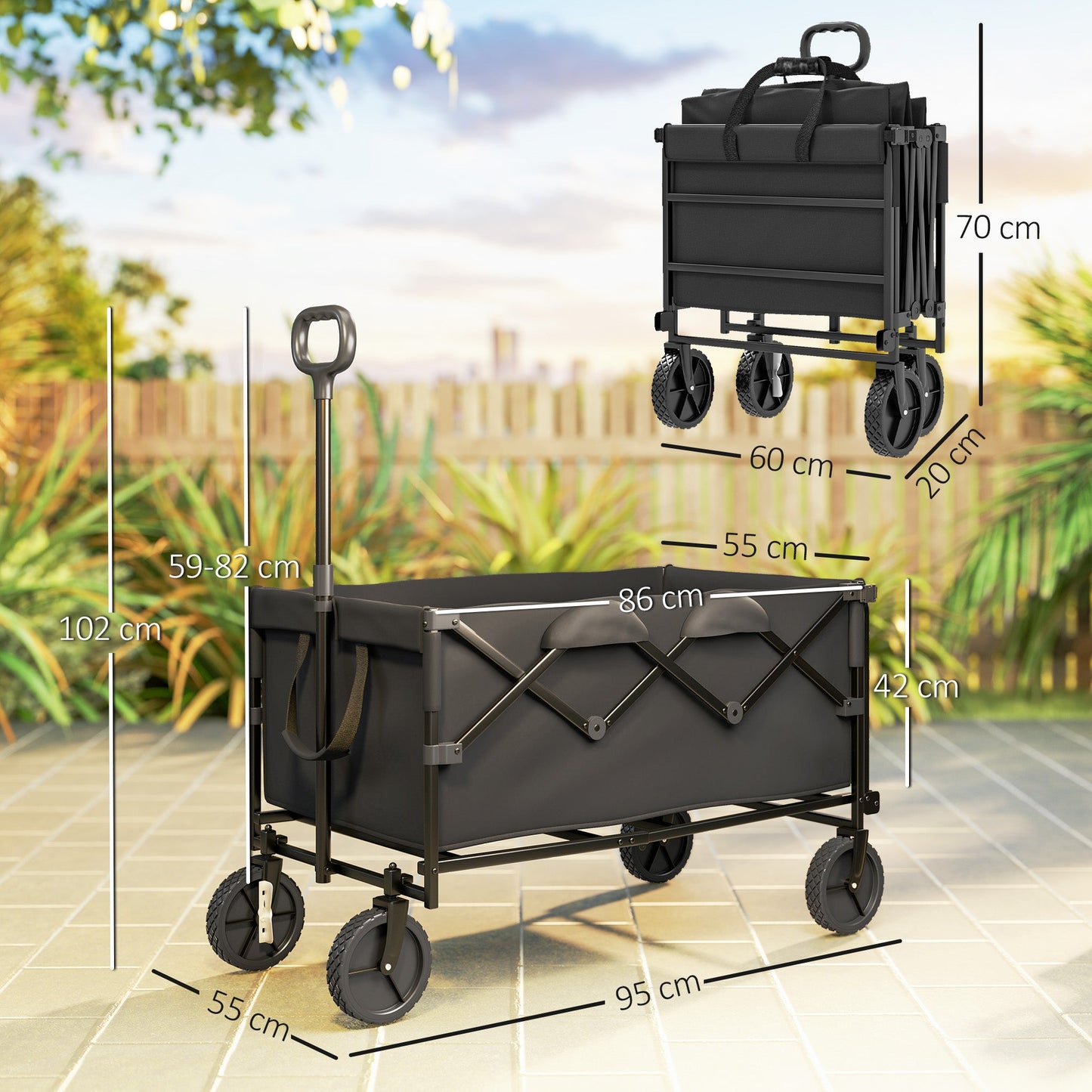 Garden Trolley 160L Foldable with Adjustable Handle, Capacity 100 kg, 95x55x102 cm, Black