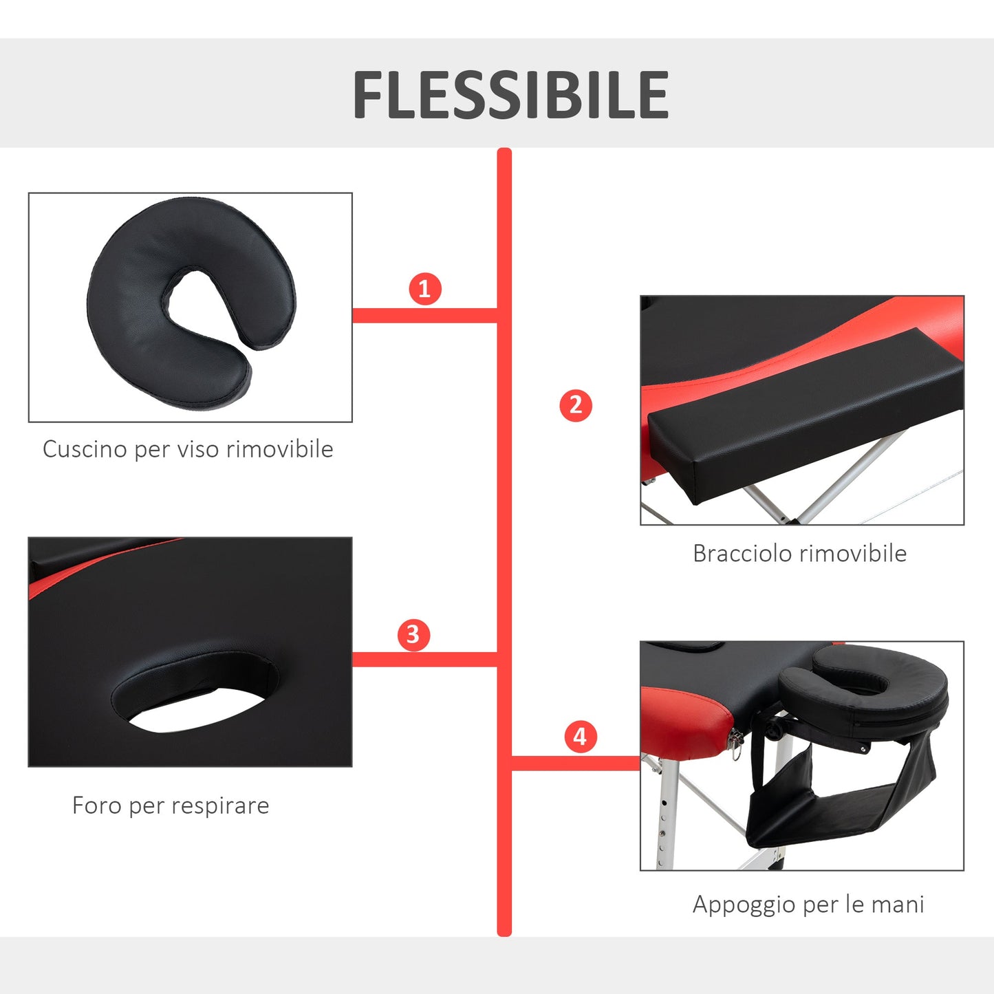 Foldable Massage and Beauty Table with Adjustable Height, Professional Massage Bed in Aluminum and Plastic, 215x60x61-84 cm, Black and Red