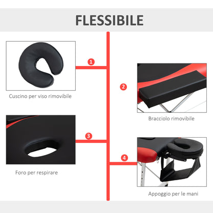 Foldable Massage and Beauty Table with Adjustable Height, Professional Massage Bed in Aluminum and Plastic, 215x60x61-84 cm, Black and Red