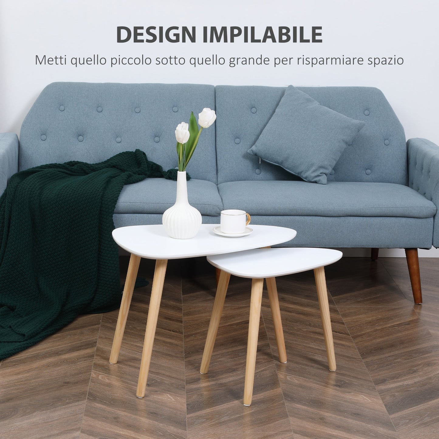 Set of 2 Nordic Style Stackable Coffee Tables with Wooden Legs, White