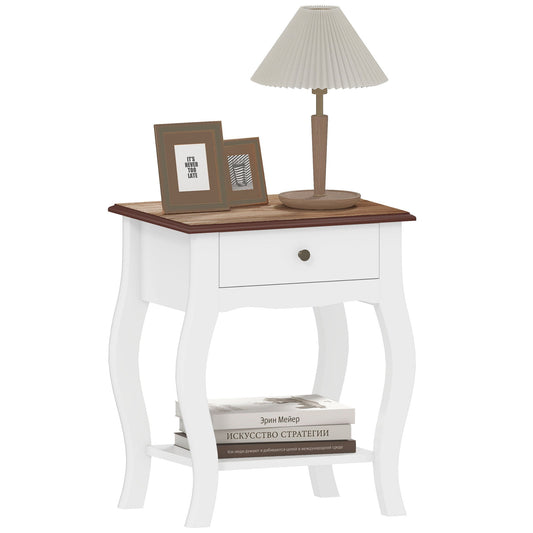 French Style Wooden Nightstand with Drawer and Open Shelf, 45x35x55 cm, White and Oak