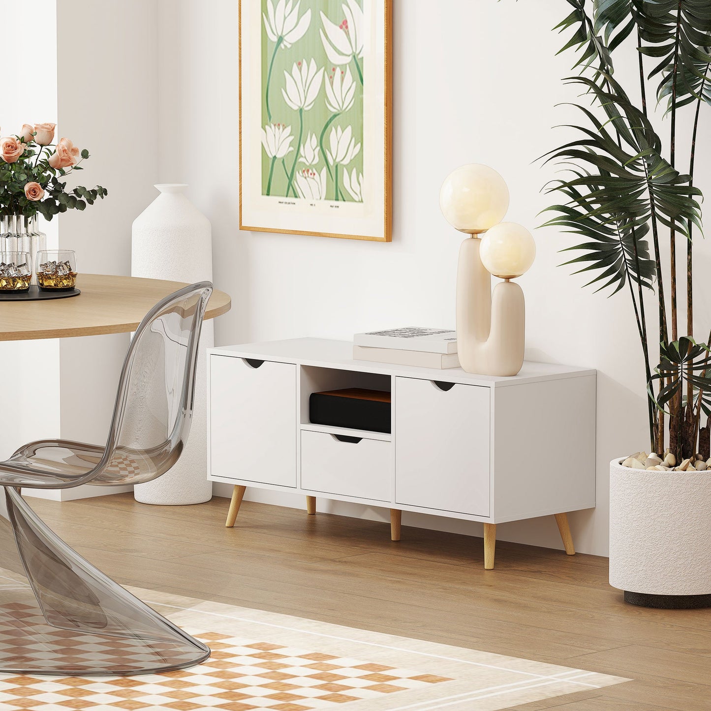 TV Cabinet max 50" with Drawer, Open Shelf and Cabinets, 110x40x50 cm, White and Wood