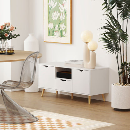 TV Cabinet max 50" with Drawer, Open Shelf and Cabinets, 110x40x50 cm, White and Wood