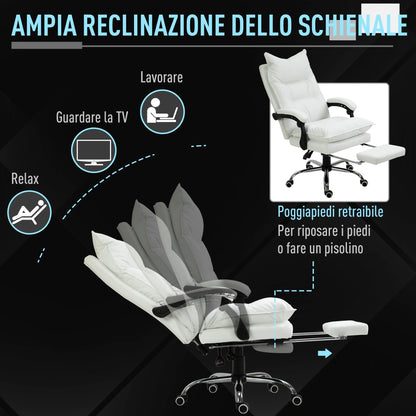 White Faux Leather Office Chair, Adjustable Height with 155° Reclining Backrest and Footrest