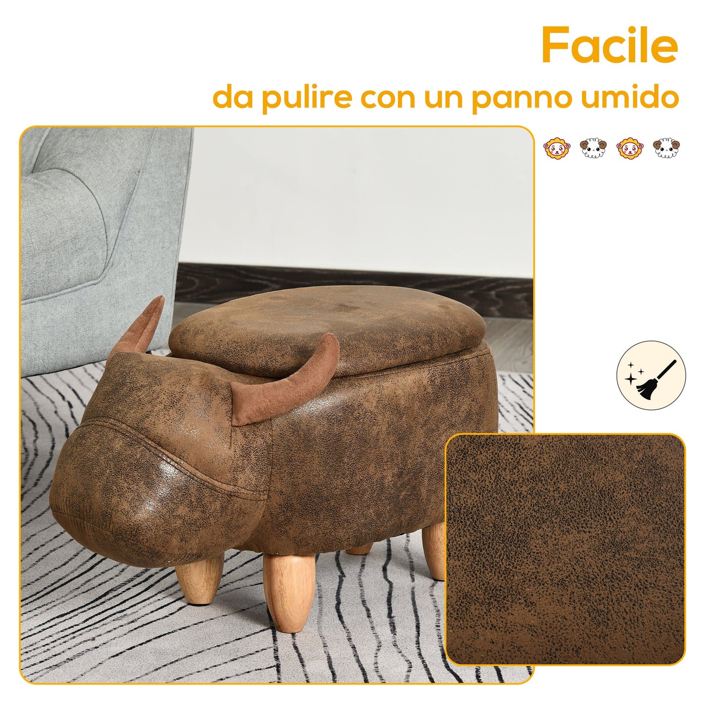 Buffalo Shaped Storage Ottoman, Modern Living Room Ottoman, Footstool, Wooden Frame, Padded Seat, 62x35x36cm, Brown
