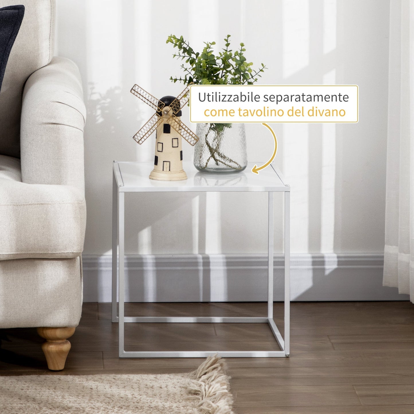 Set of 2 Stackable Square Steel Coffee Tables, White