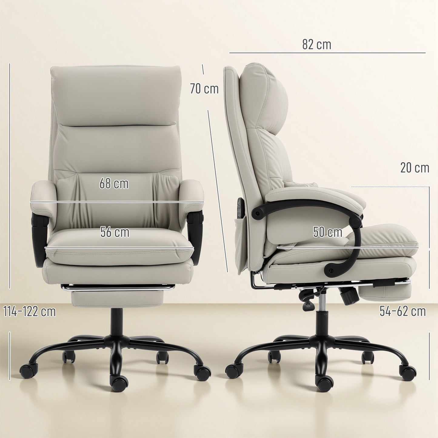 Heated Massage Office Chair, 135° Reclining with PU Leather Footrest, Light Grey