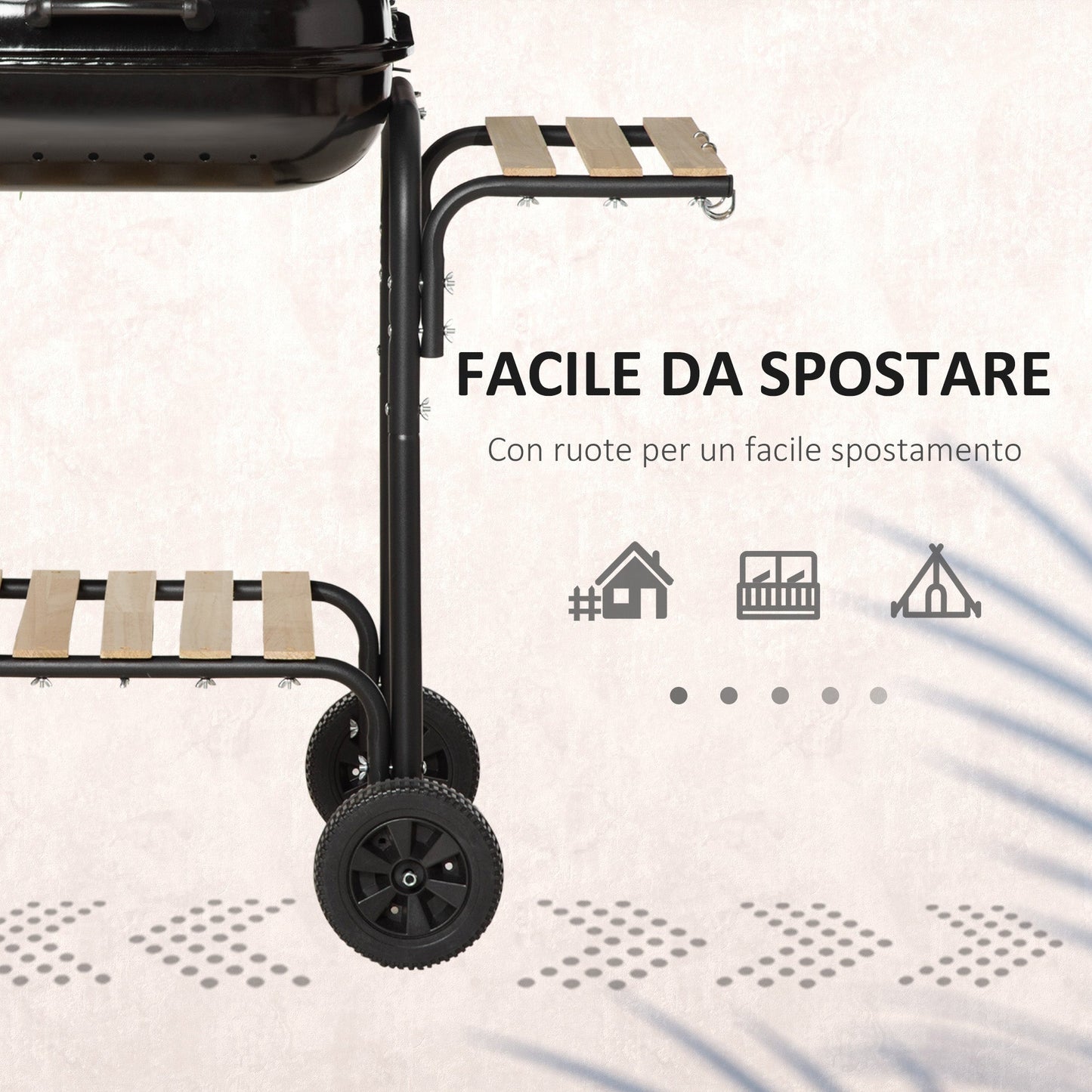 Charcoal Barbecue with Lid, Shelves and Wheels, Complete with Spatula, Tongs and Knife, Black