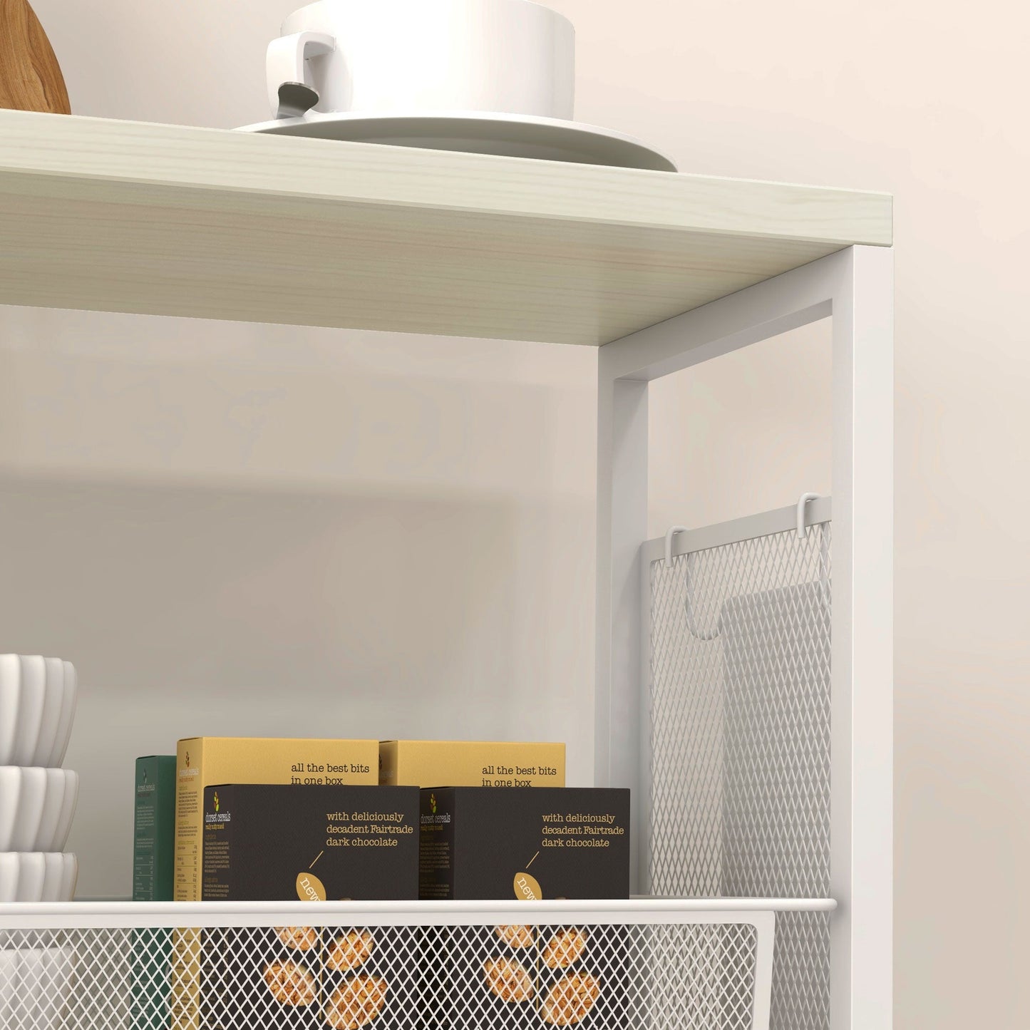 3-Tier Kitchen Trolley with Side Basket and Hook, Chipboard and Steel, 58x18.5x87 cm