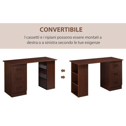Office Desk with 3 Drawers and 3 Reversible Wooden Shelves, 120x49x72cm, Walnut