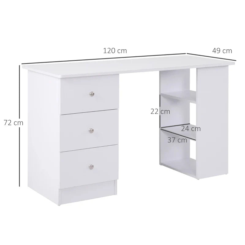 Computer Desk for Bedroom and Office with Drawer Unit and Wooden Storage Shelves 120x49x72cm White