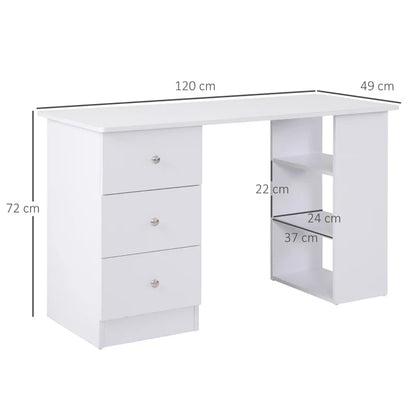 Computer Desk for Bedroom and Office with Drawer Unit and Wooden Storage Shelves 120x49x72cm White