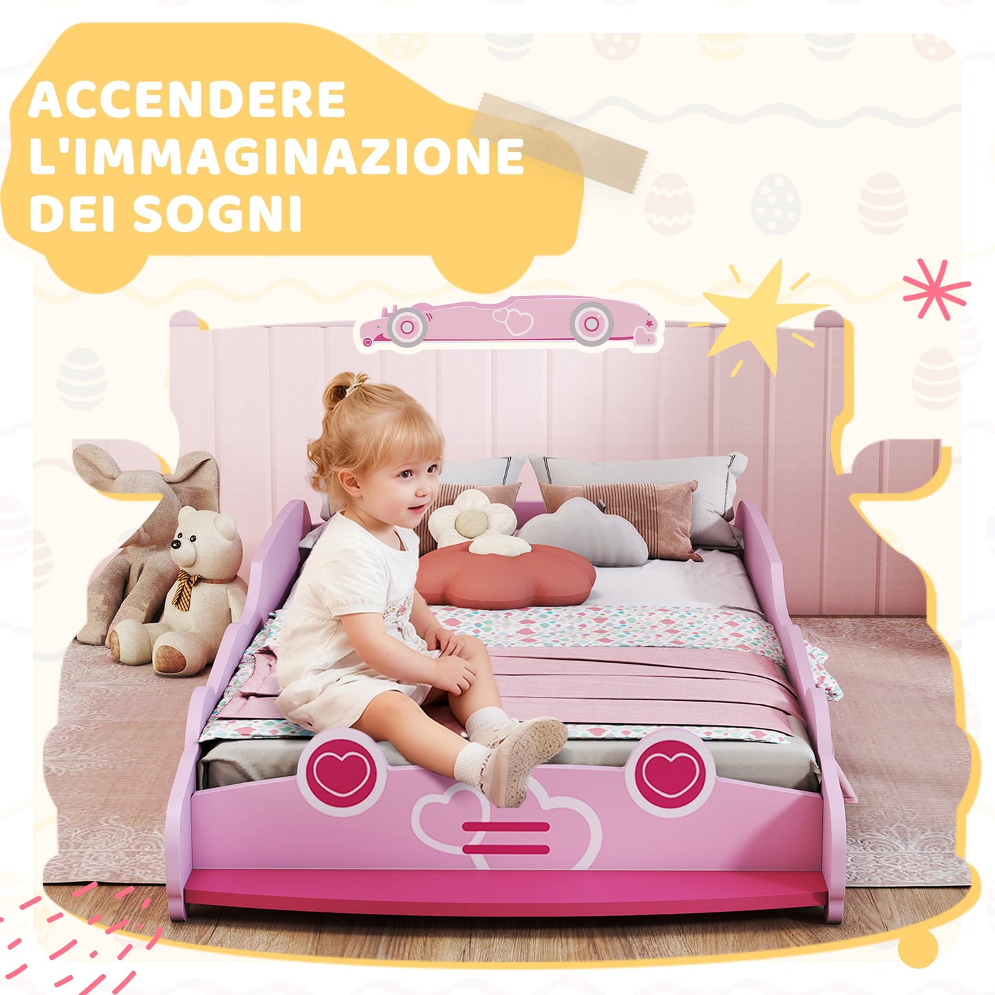 Car-Shaped Children's Bed with Raised Safety Sides for 3-5 Year Olds, 140x70 cm, Pink