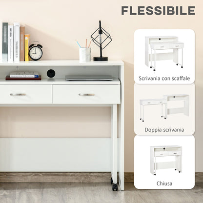 Space-Saving Desk Table for Bedroom and Office, Writing Desk with Drawers and Wheels, Double or Single Workstation, 100x36x88cm, White