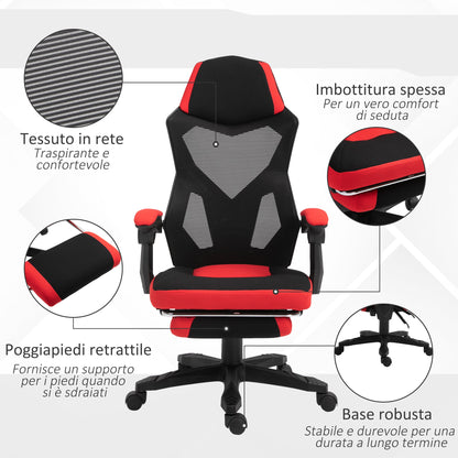 Ergonomic Reclining Office Chair with Footrest, Mesh Fabric, 58x63x112-122 cm, Black and Red