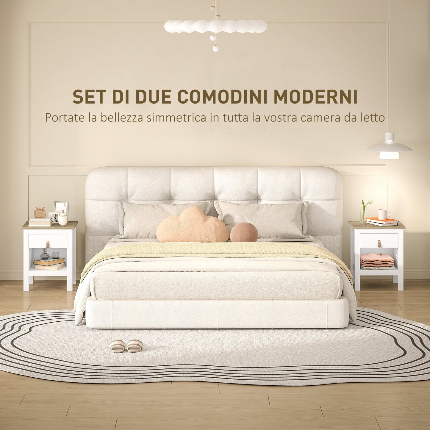 Set of 2 Wooden Bedside Tables with Drawer and Open Shelf, 45x40x55 cm, White and Oak