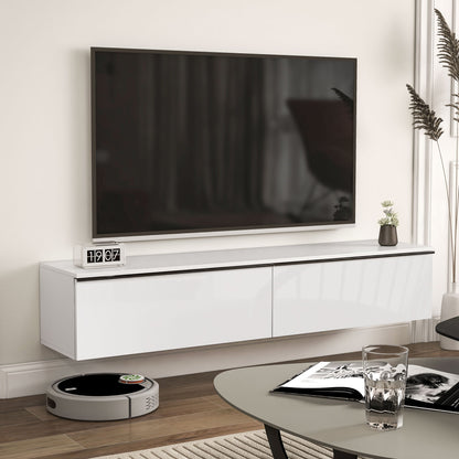 Wall-Mounted TV Cabinet with Wooden Drop-Door Cabinets, 160x35x30 cm, Gloss White