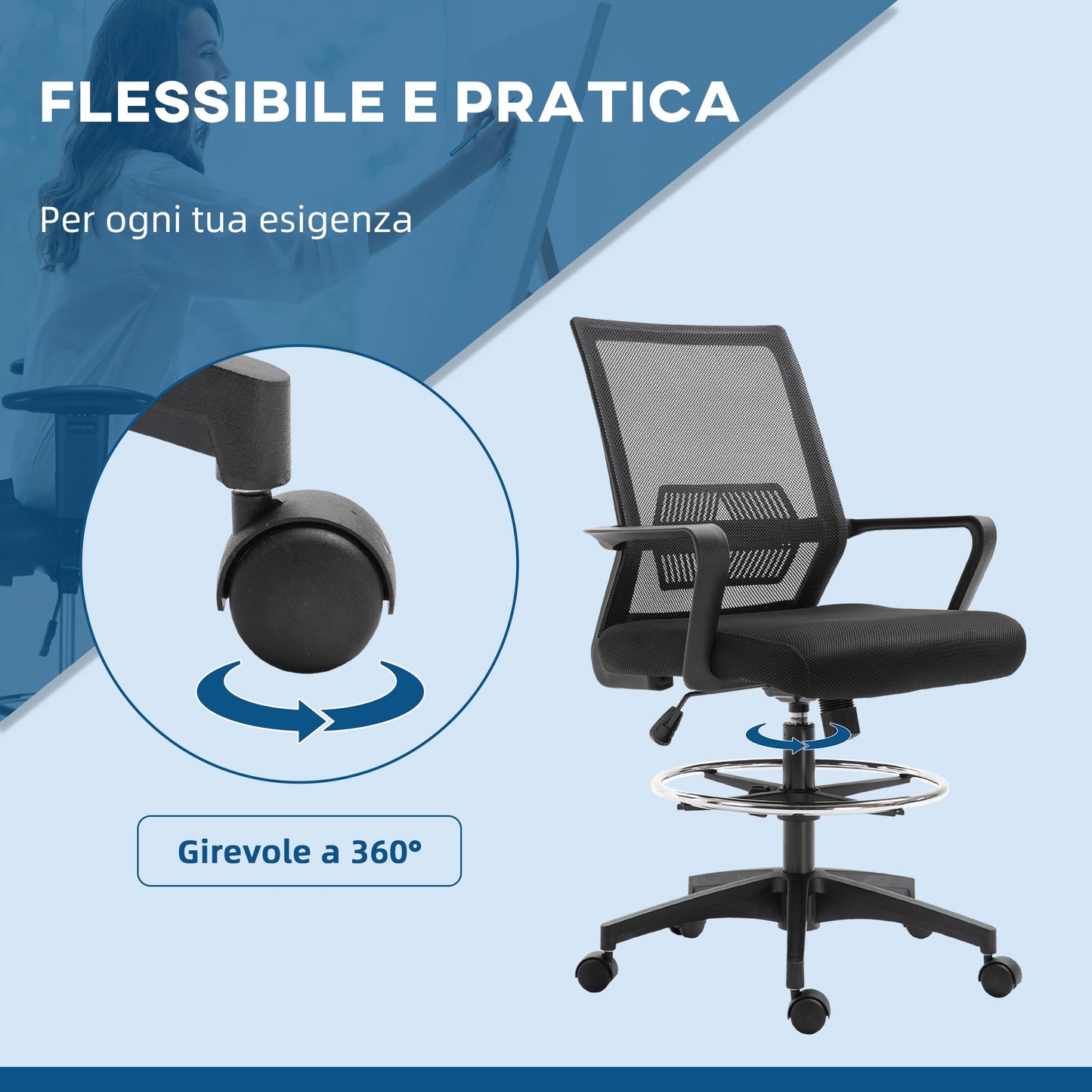 Adjustable Mesh Office Chair with Armrests and Footrest Ring, 64x59x104-124 cm, Black
