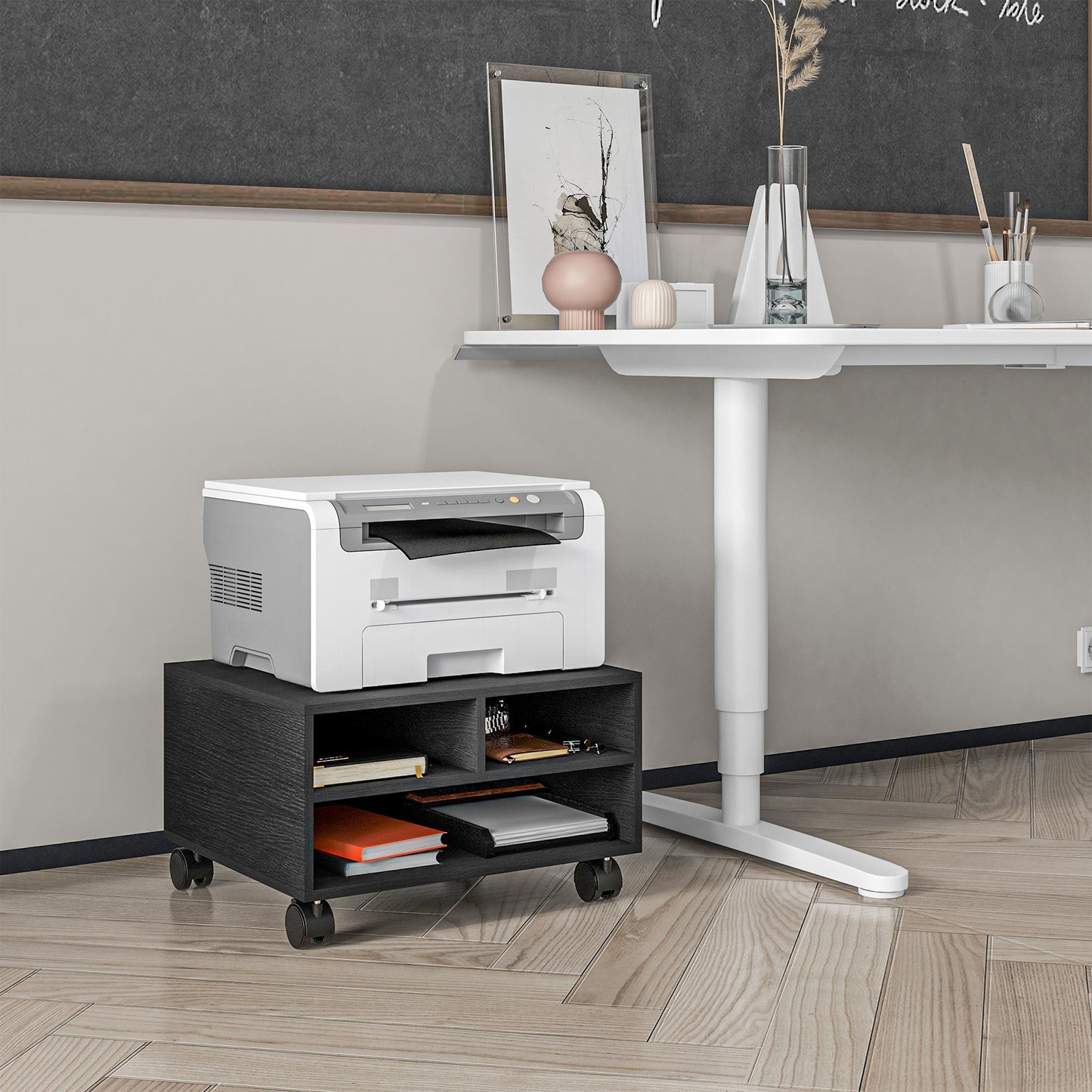 2-Tier Wooden Printer Stand with Wheels for Office and Study, 47x40x22.5cm, Black