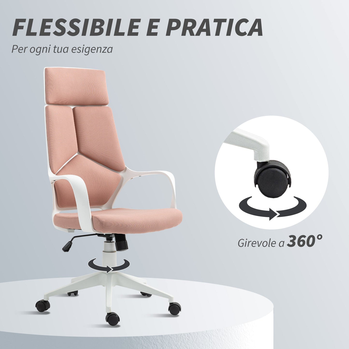 Fabric Office Chair with Rocking, Adjustable Height and Swivel Seat, 63x63x117-127 cm, Pink