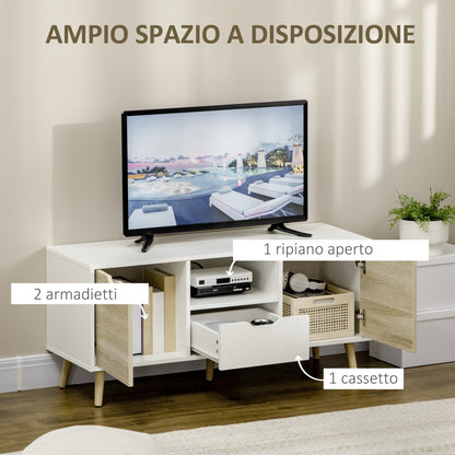 Modern TV Stand max 50" in Chipboard with Drawers, Open Shelves and Cabinets, 110x40x50 cm, White and Wood Color