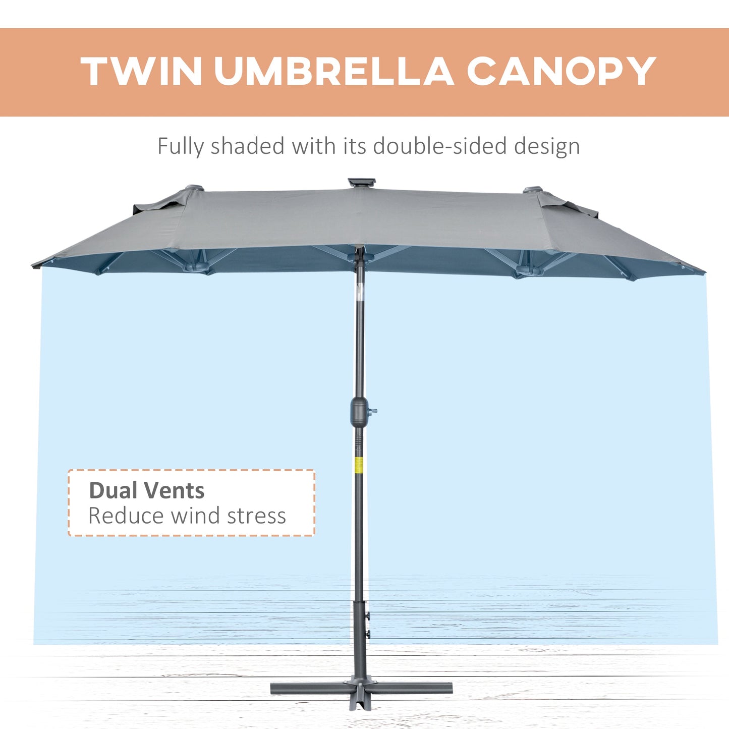 Double Parasol with Cross Base and Solar Lights, 295x150x219cm, Grey