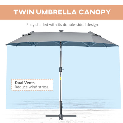 Double Parasol with Cross Base and Solar Lights, 295x150x219cm, Grey