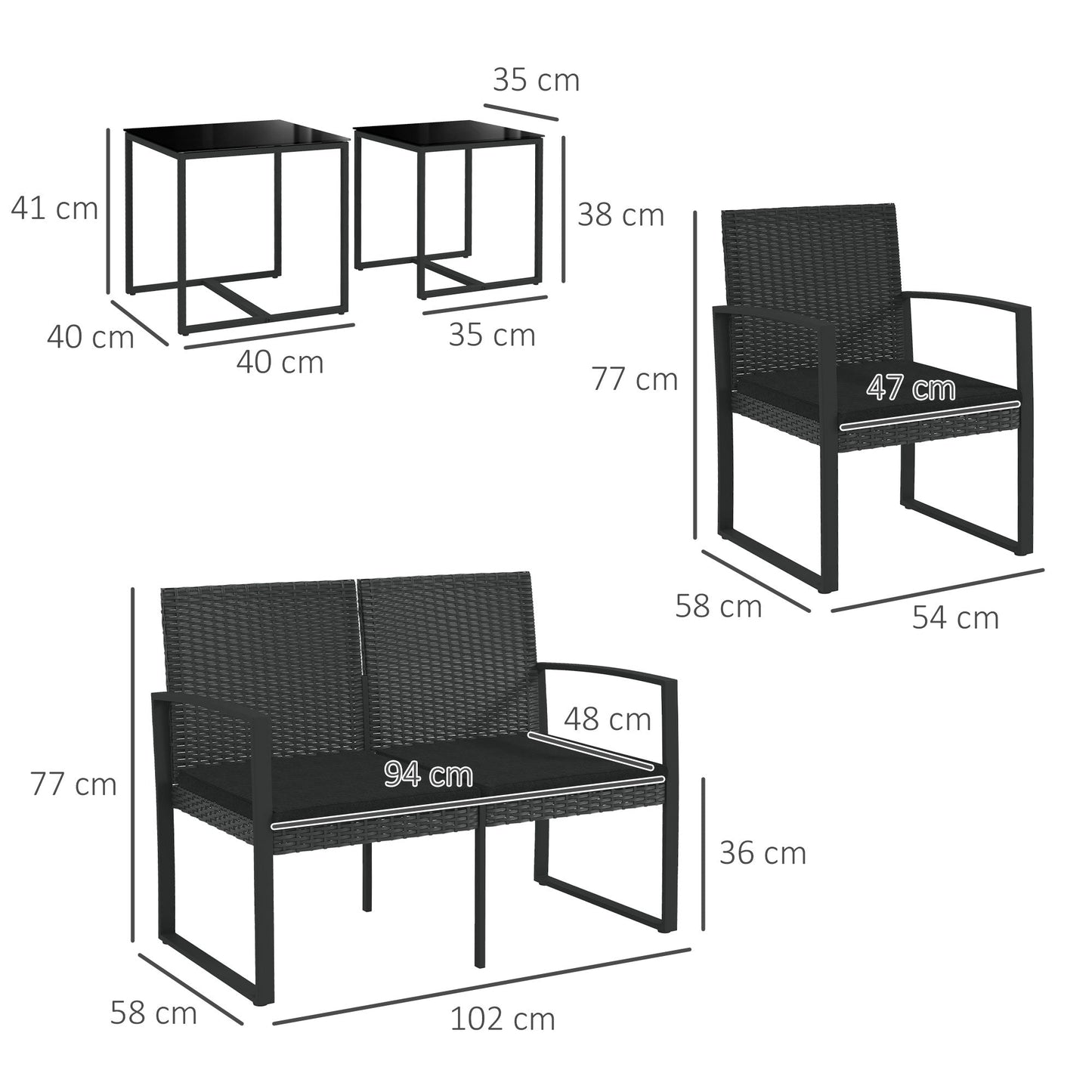 Garden Set with 2 Chairs, Sofa and 2 Coffee Tables with Cushions and Glass Top, Black