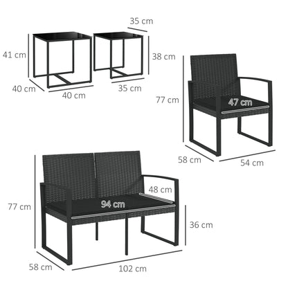 Garden Set with 2 Chairs, Sofa and 2 Coffee Tables with Cushions and Glass Top, Black