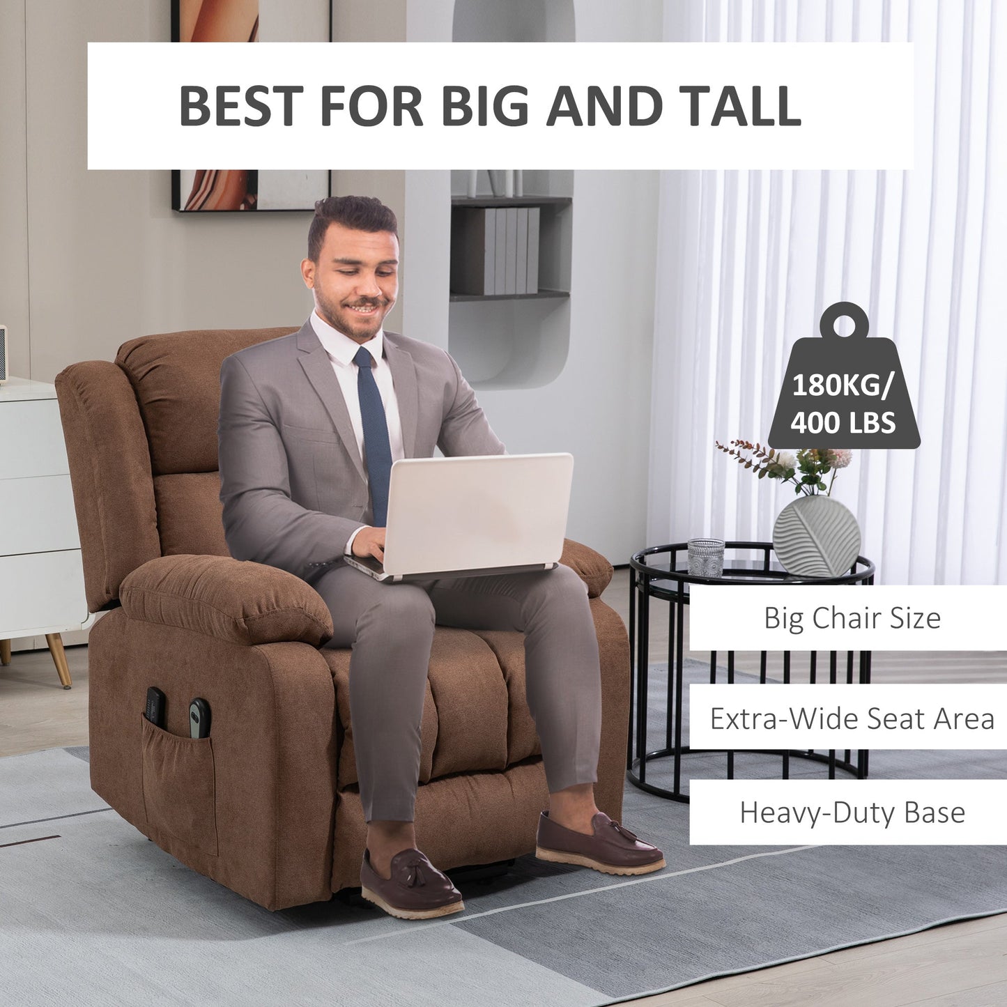 Lift Relax Chair with Remote Control, Massaging and Reclining in Fabric, Brown