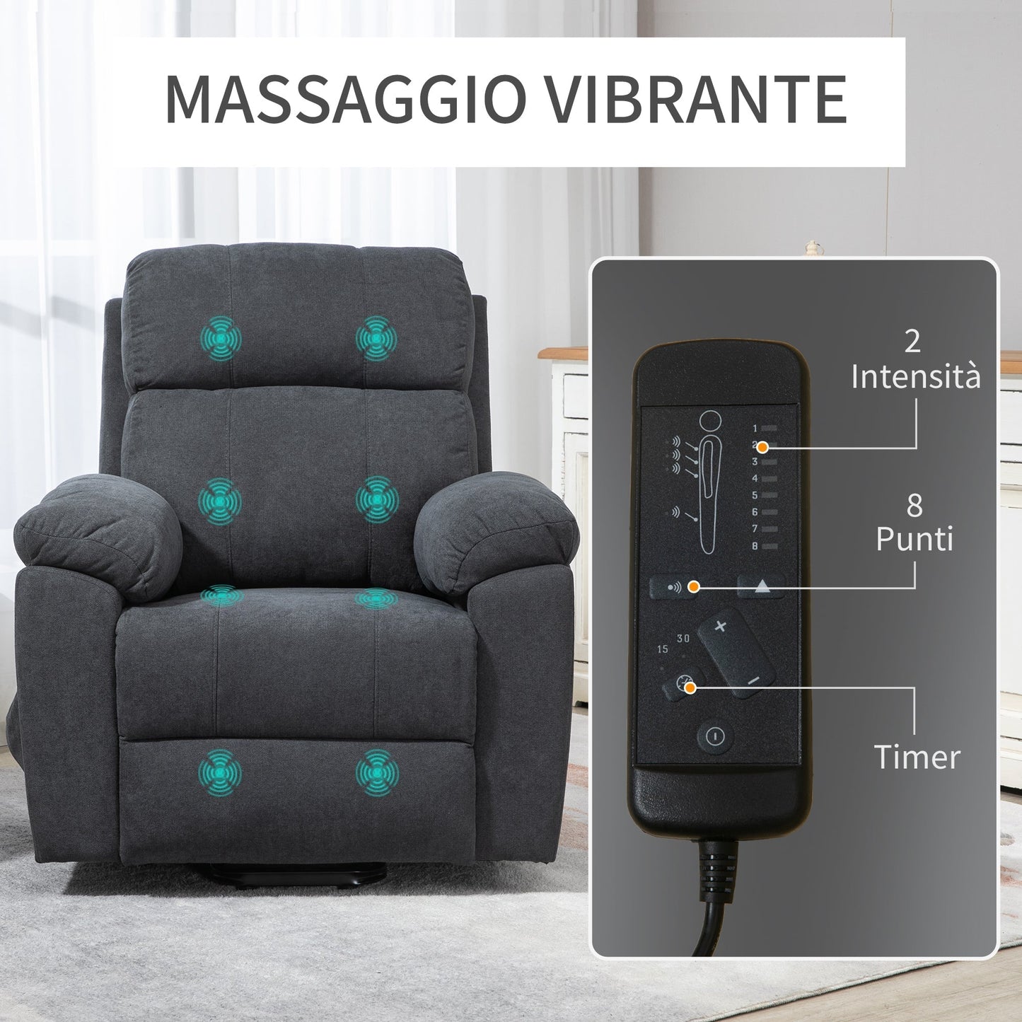 Lifting Armchair Reclining up to 135° with 8 Massage Points, Remote Control and Footrest 89x99x103 cm, Grey