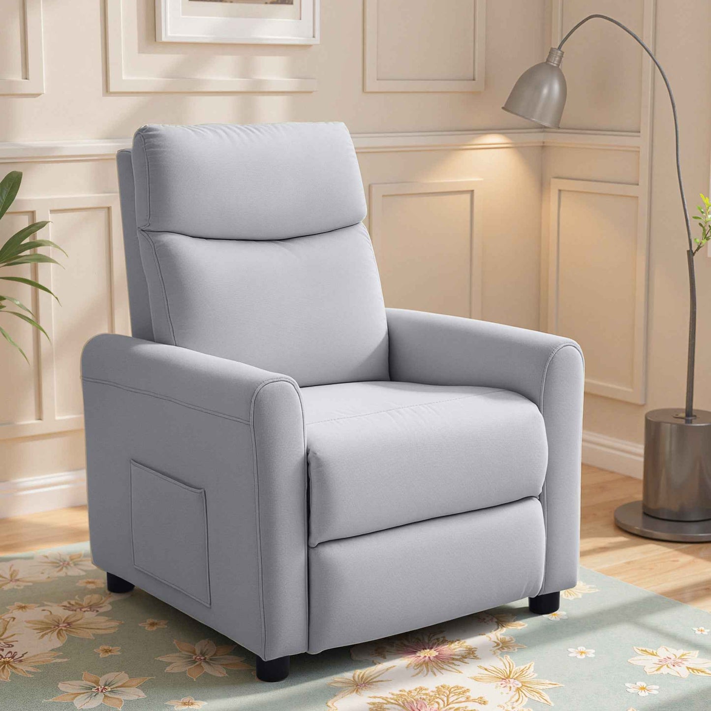 Reclining Chair 135° max in Linen Effect Fabric, Foam, Steel and Wood, 73x86x100 cm, Light