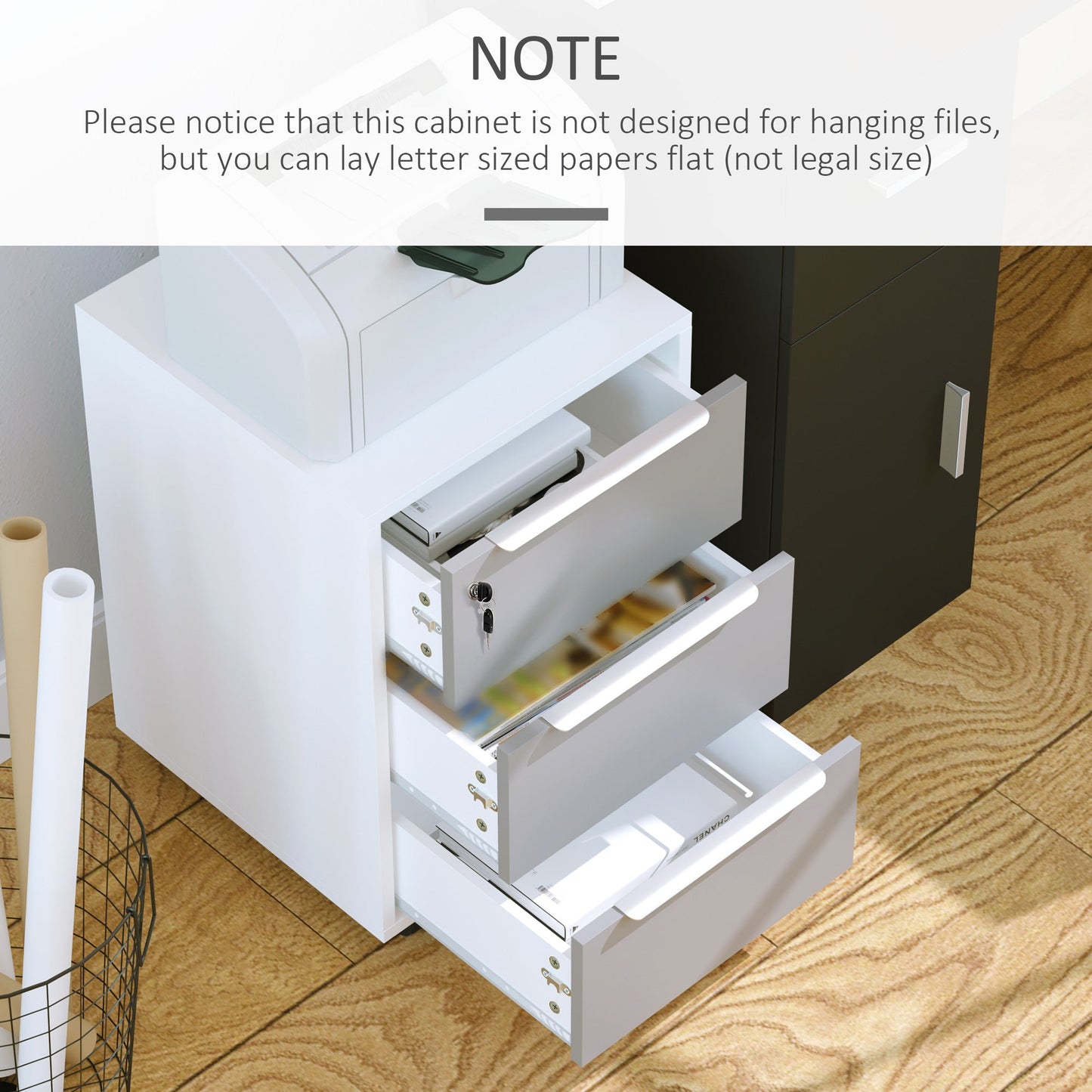 3-Drawer Office Filing Cabinet with Security Keys and 4 Wheels, Wooden, 40x40x63.5 cm, White and Grey