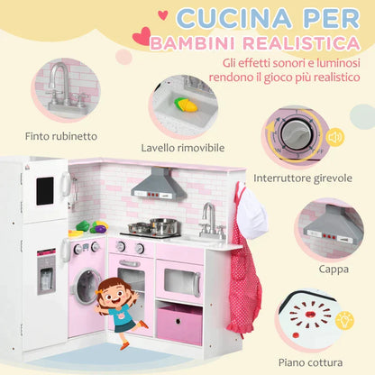 Toy Kitchen for Children 3-6 Years with Lights and Realistic Kitchen Utensils, in MDF and PP, 84x93. 5x85 cm