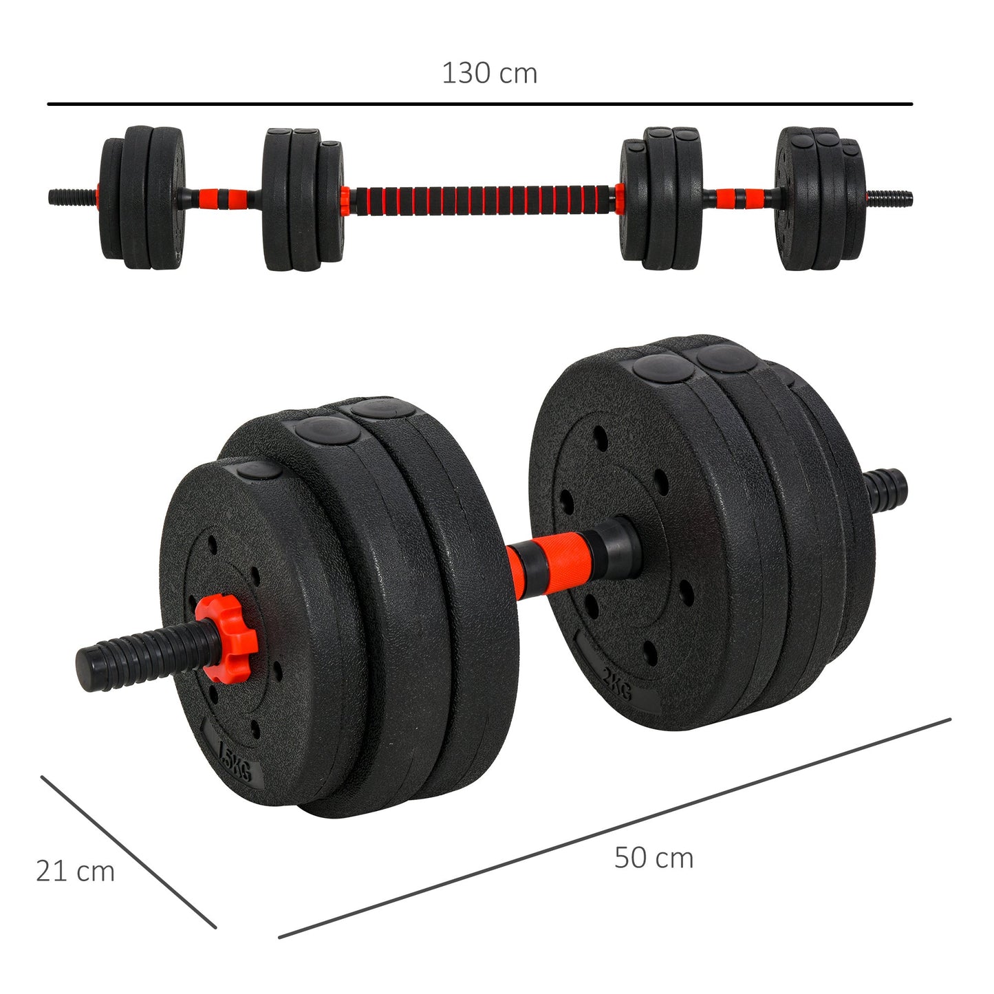Set of 2 Dumbbells Convertible into a Barbell, 25kg Total with 12 Steel and Plastic Weight Discs for Home Training