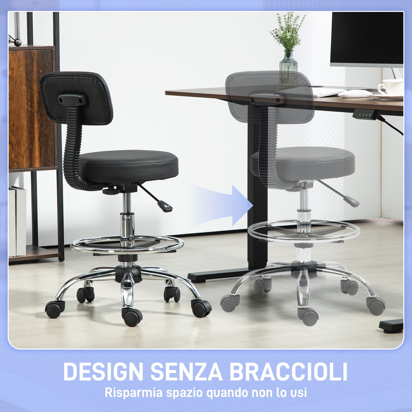 Height-Adjustable Swivel Chair with Footrest, in Steel, Faux Leather and Foam, 52x52x78-92 cm, Black