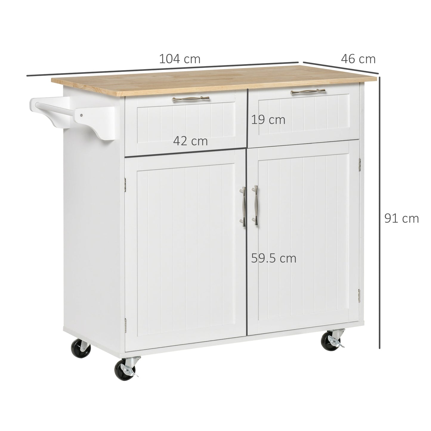 Multipurpose Wooden Kitchen Cart with 2 Drawers, 104x46x91cm - White