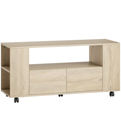 42" TV Stand with Swivel Wheels and Brake, Adjustable Shelves and Drawers, 102x34.5x48.5 cm, Wood