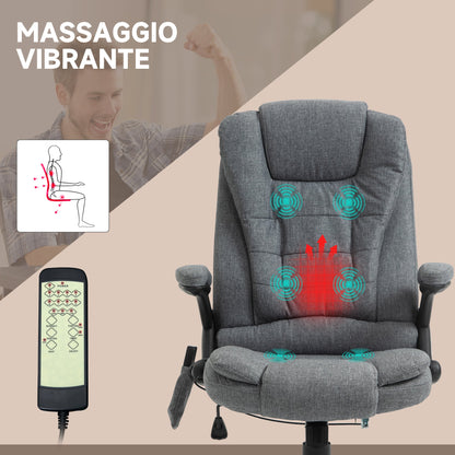 6-Point Vibration Massage Office Chair with Rocking Function and Heat, Reclining Office Chair with Adjustable Height, Remote Control and Side Pocket in Fabric, Grey