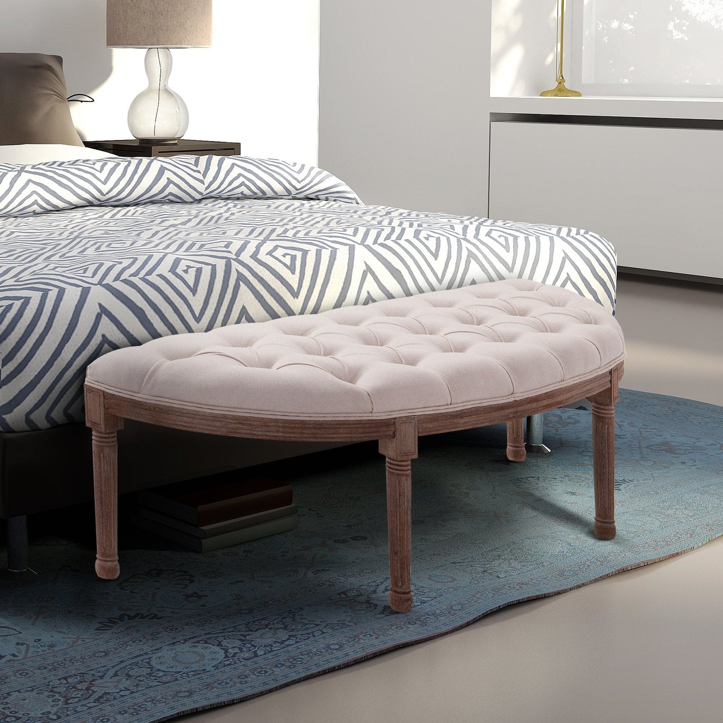 Chesterfield Style Semi-Circular Bed End Bench with Wooden Frame and Upholstery, Beige, 140.5x51x48cm