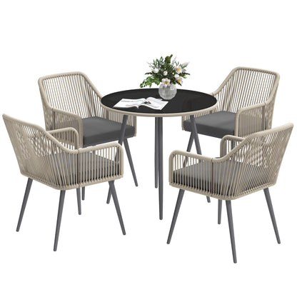 5 Piece Rattan and Steel Garden Set with 4 Outdoor Chairs and Round Table with Hole, Brown and Grey