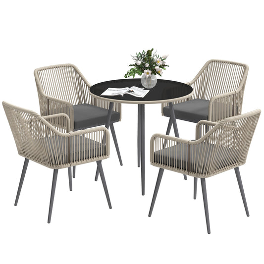 5 Piece Rattan and Steel Garden Set with 4 Outdoor Chairs and Round Table with Hole, Brown and Grey