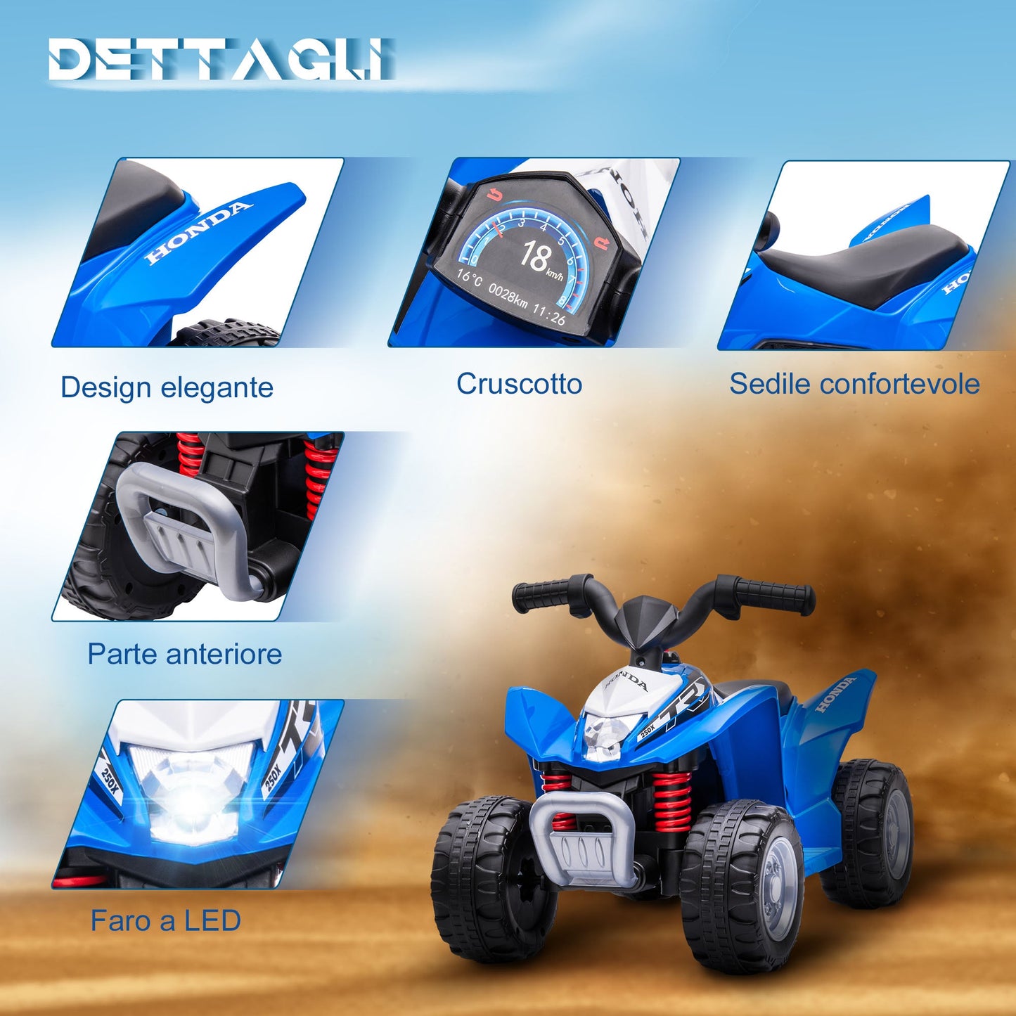 Electric Quad Bike for Children 18-36 Months with LED Lights, Horn and Pedals, 65.5x38.5x43.5 cm, Blue