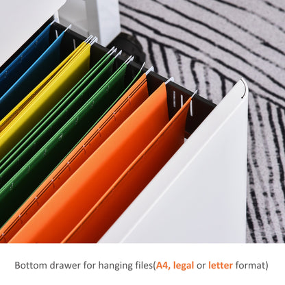 Office Chest 3 Steel Drawers with Lock and Wheels, 39x48x59cm, White